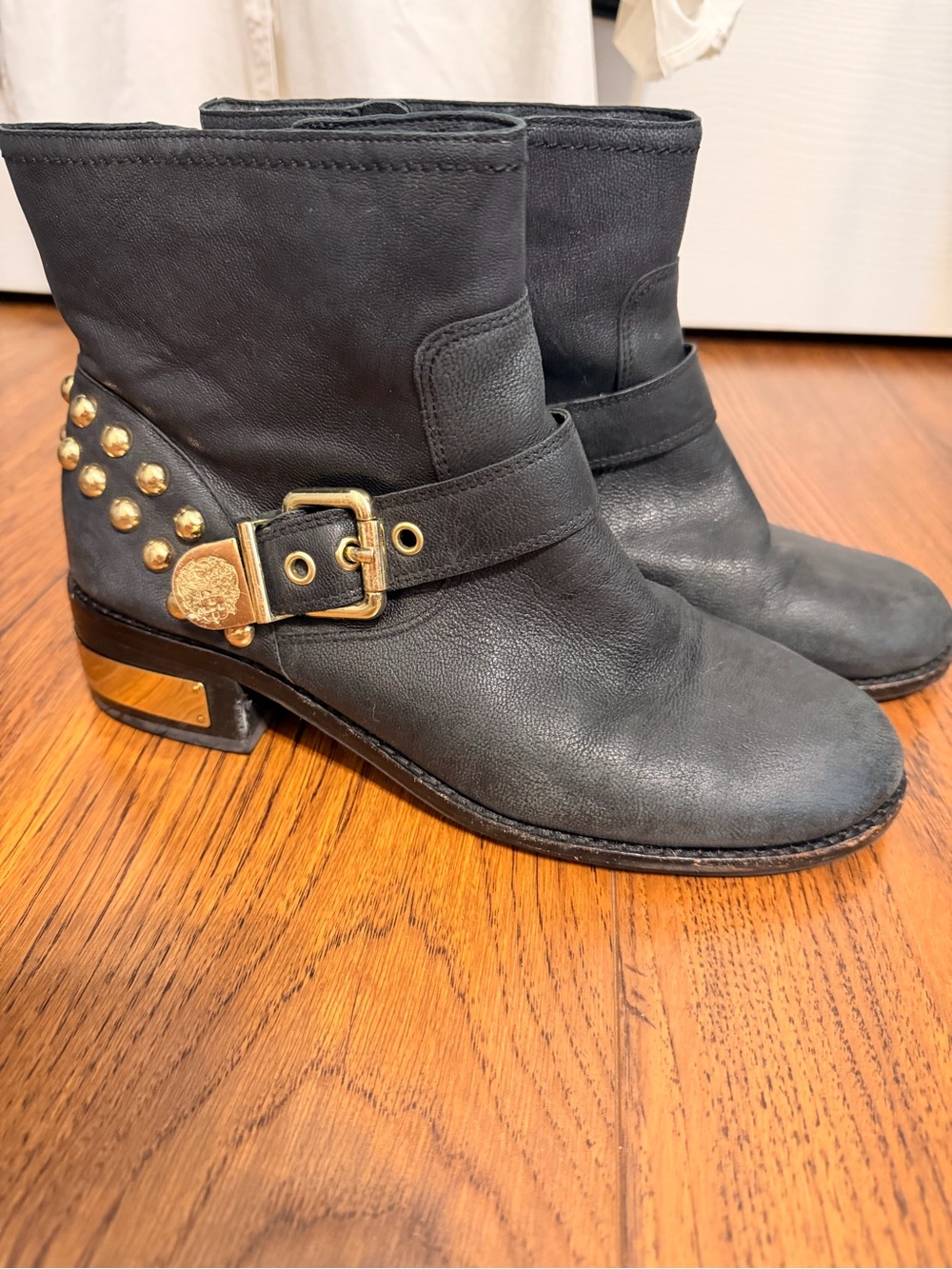Vince Camuto Black Leather Ankle Booties with Gold Studs